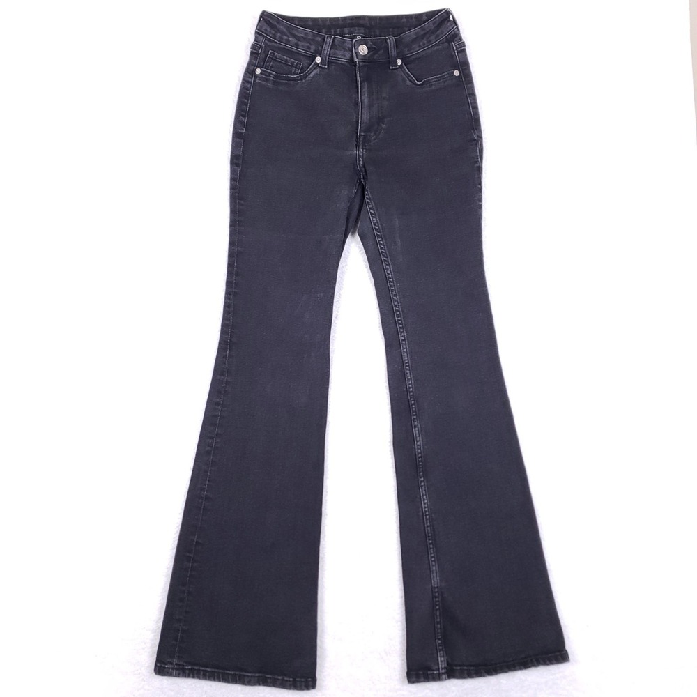 Divided H&M High Waisted Flare Jeans 4 Black Faded Denim Retro Wide‎ Leg